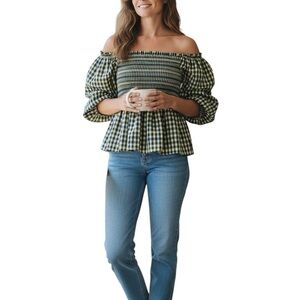 Gingham Off-Shoulder Blouse - Black and White